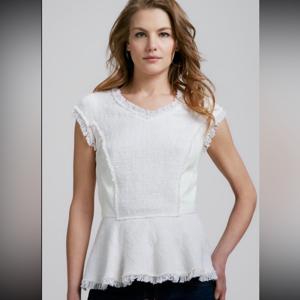 Rebecca Taylor Leather Panel Tweed Peplum Top